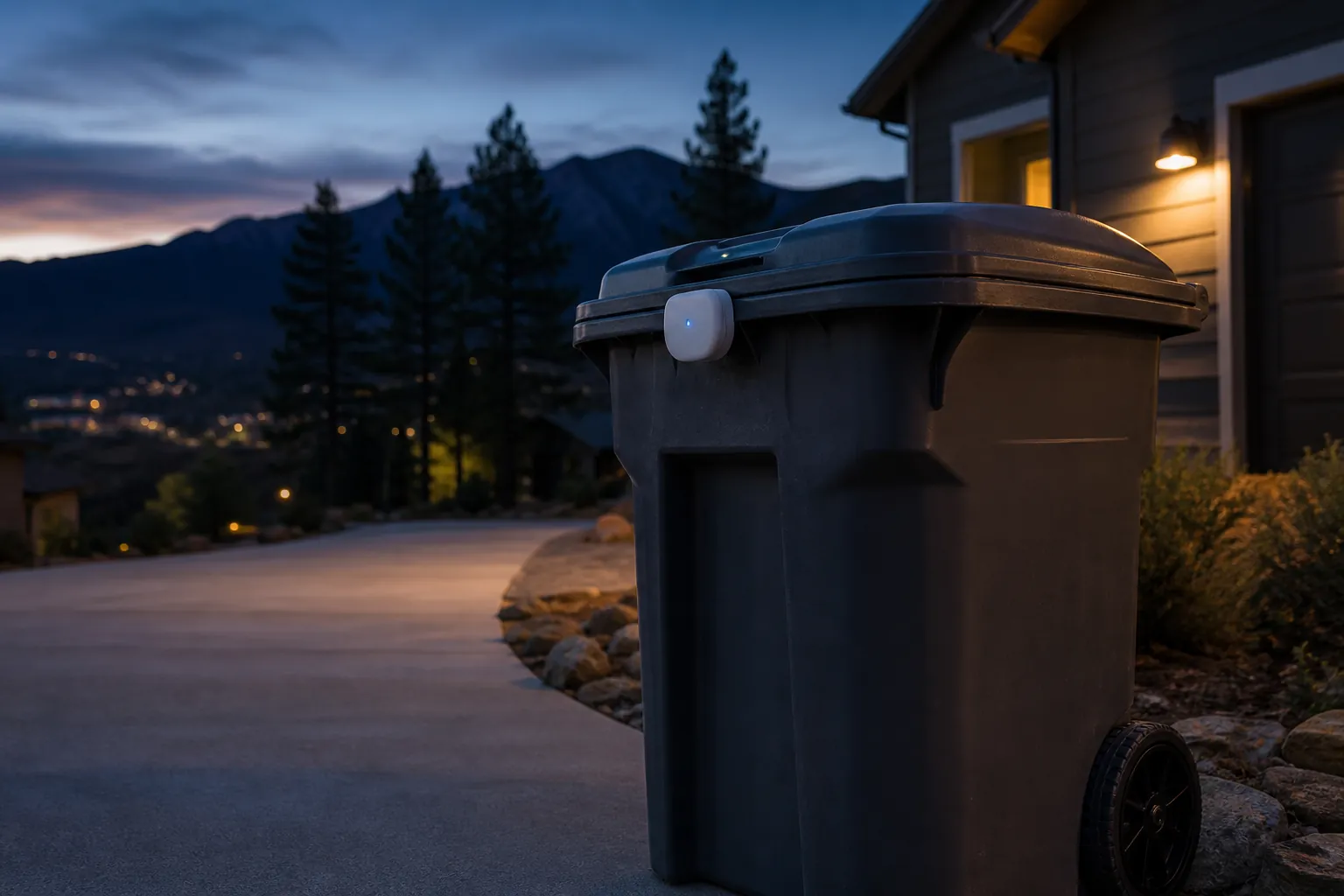 Driveway trash can with a wireless sensor near a mountain-town home at dusk
