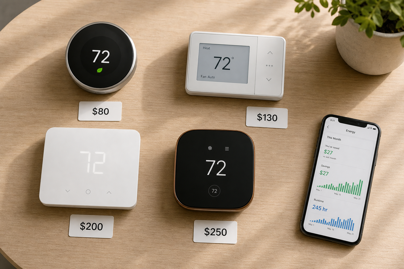 Four smart thermostats arranged on a light wood surface with price tags from $80 to $250, a smartphone showing an energy dashboard nearby.