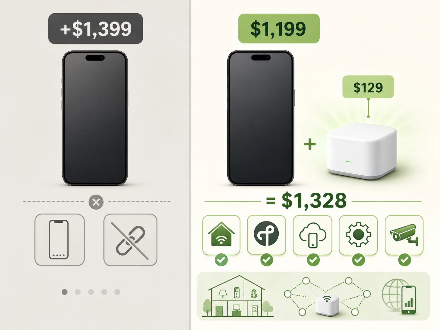 Two-column comparison of a projected 1399 dollar iPhone alone against a 1199 dollar iPhone plus 129 dollar hub with more active smart home features