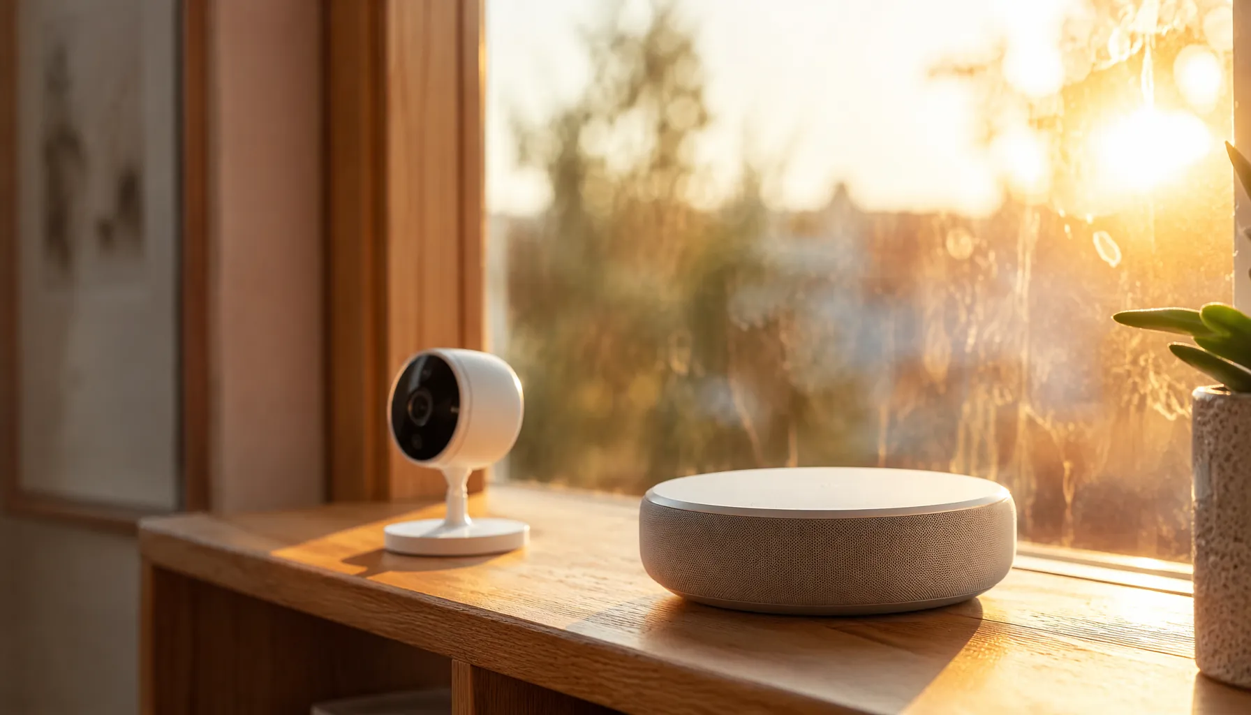 Smart home hub and security camera near a sunlit window in warm afternoon light