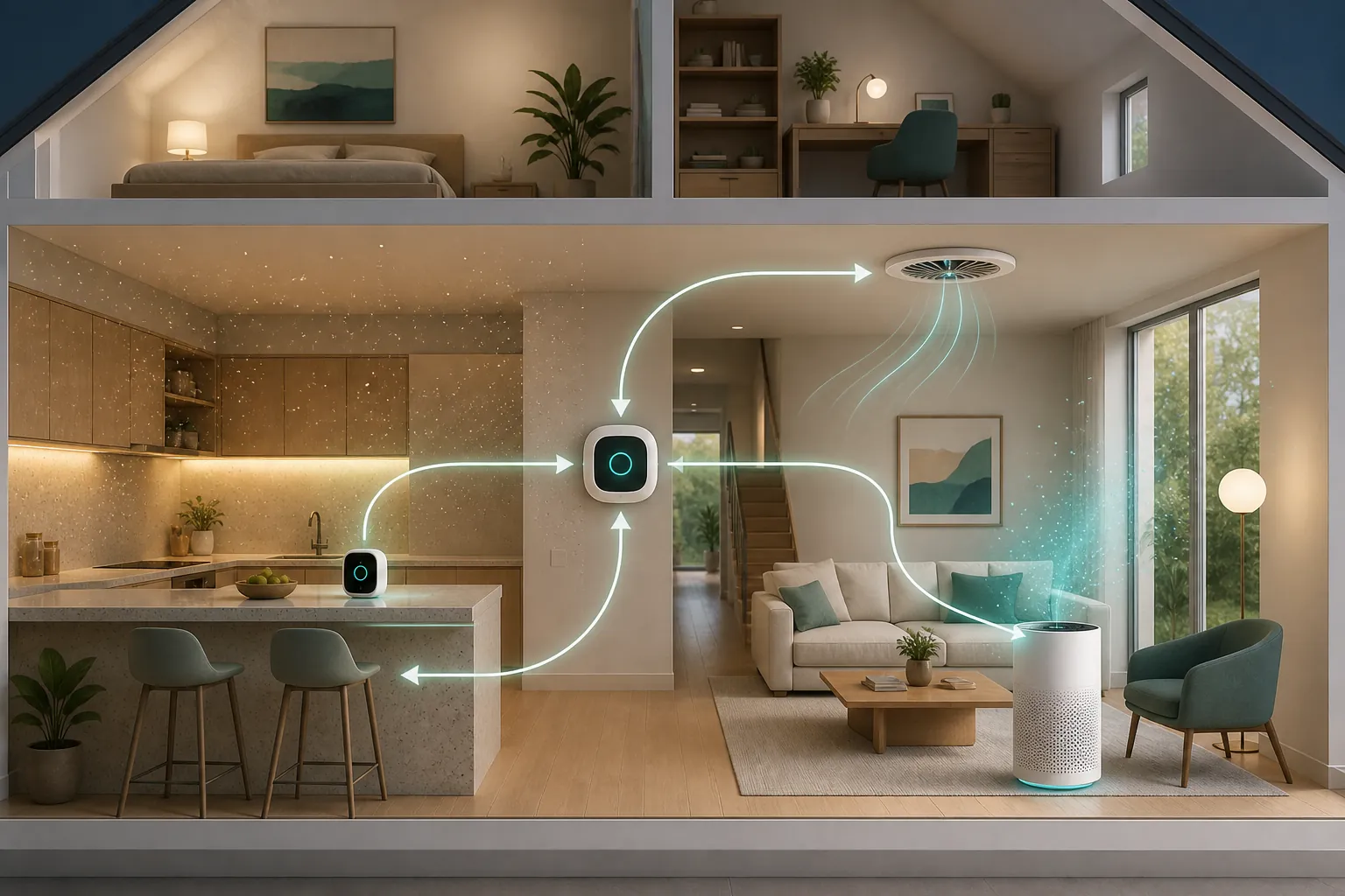 Modern home cutaway showing an air quality monitor connected to a hub, exhaust vent, and air purifier in a closed control loop