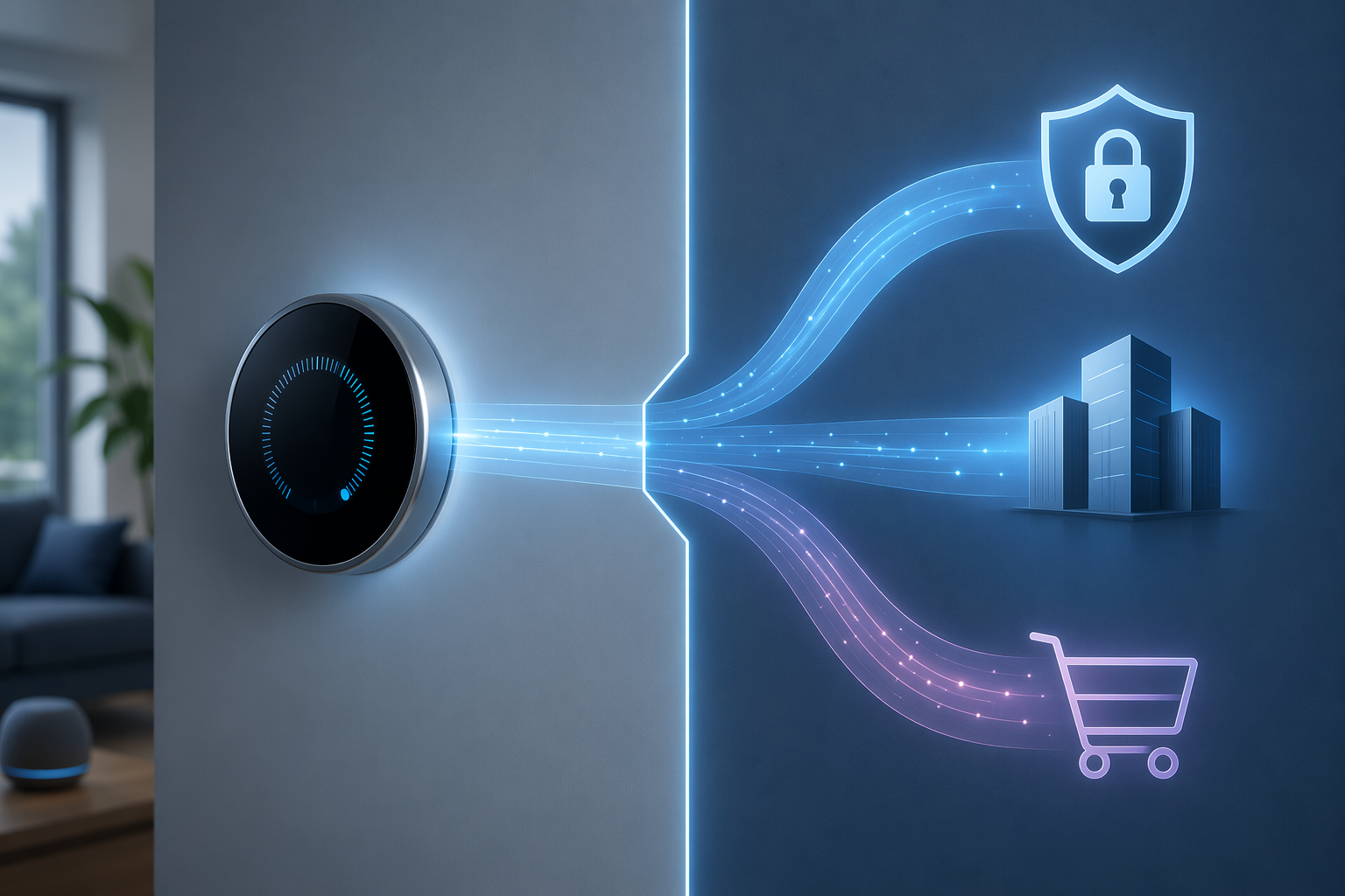 Smart thermostat with data streams separating toward a shield, a corporate building, and a shopping cart