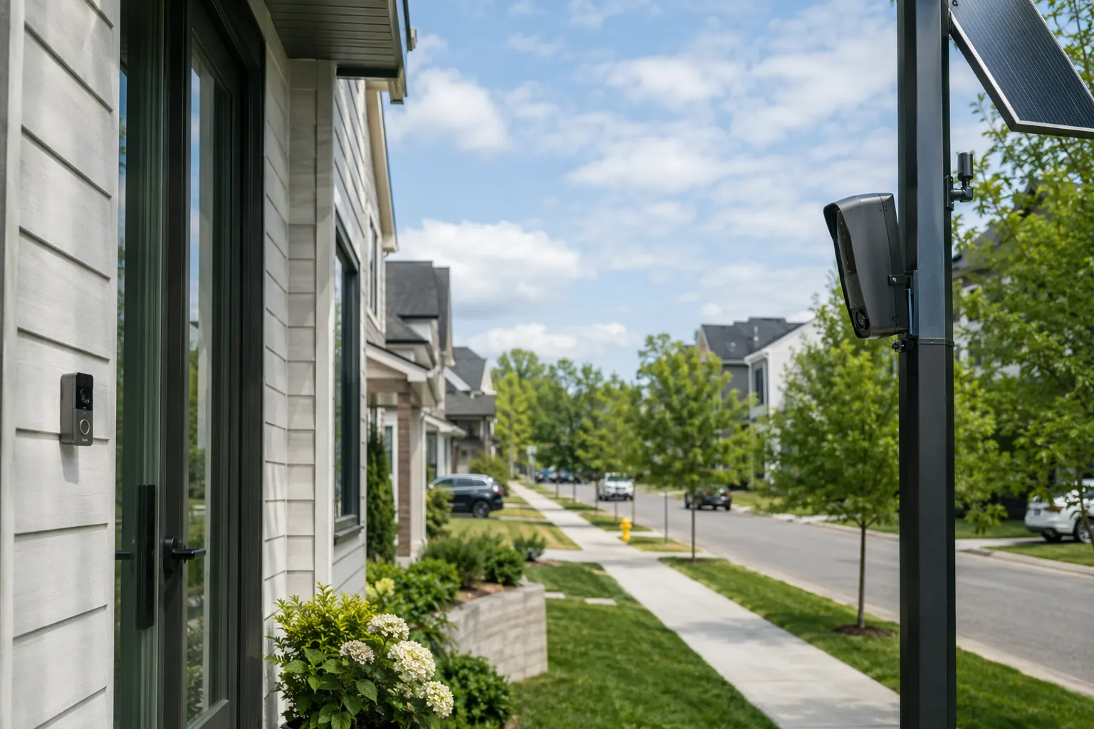 Residential street with a doorbell camera on a home and a Flock-style ALPR camera on a pole facing the road