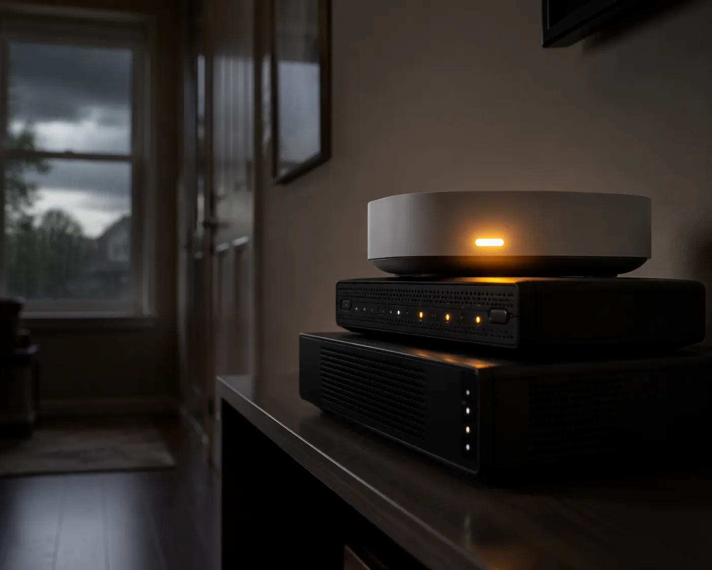 Dim hallway after a storm with a smart home hub, router, and modem coming back online