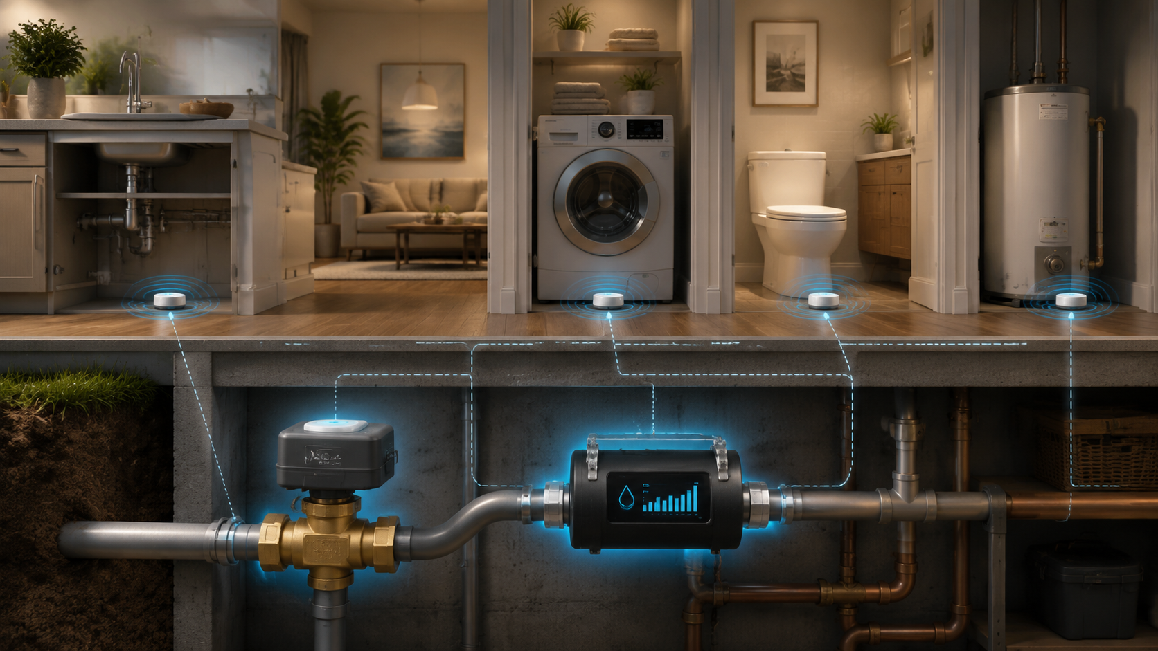Cutaway home illustration showing spot sensors, a whole-home flow monitor, and an automatic shutoff valve as three flood protection tiers