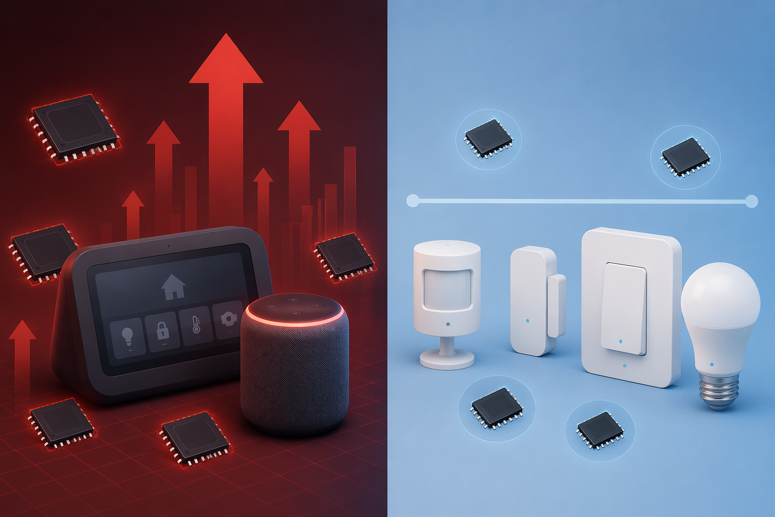 Split illustration showing smart home hubs and speakers under DRAM price pressure while sensors, switches, and bulbs remain stable