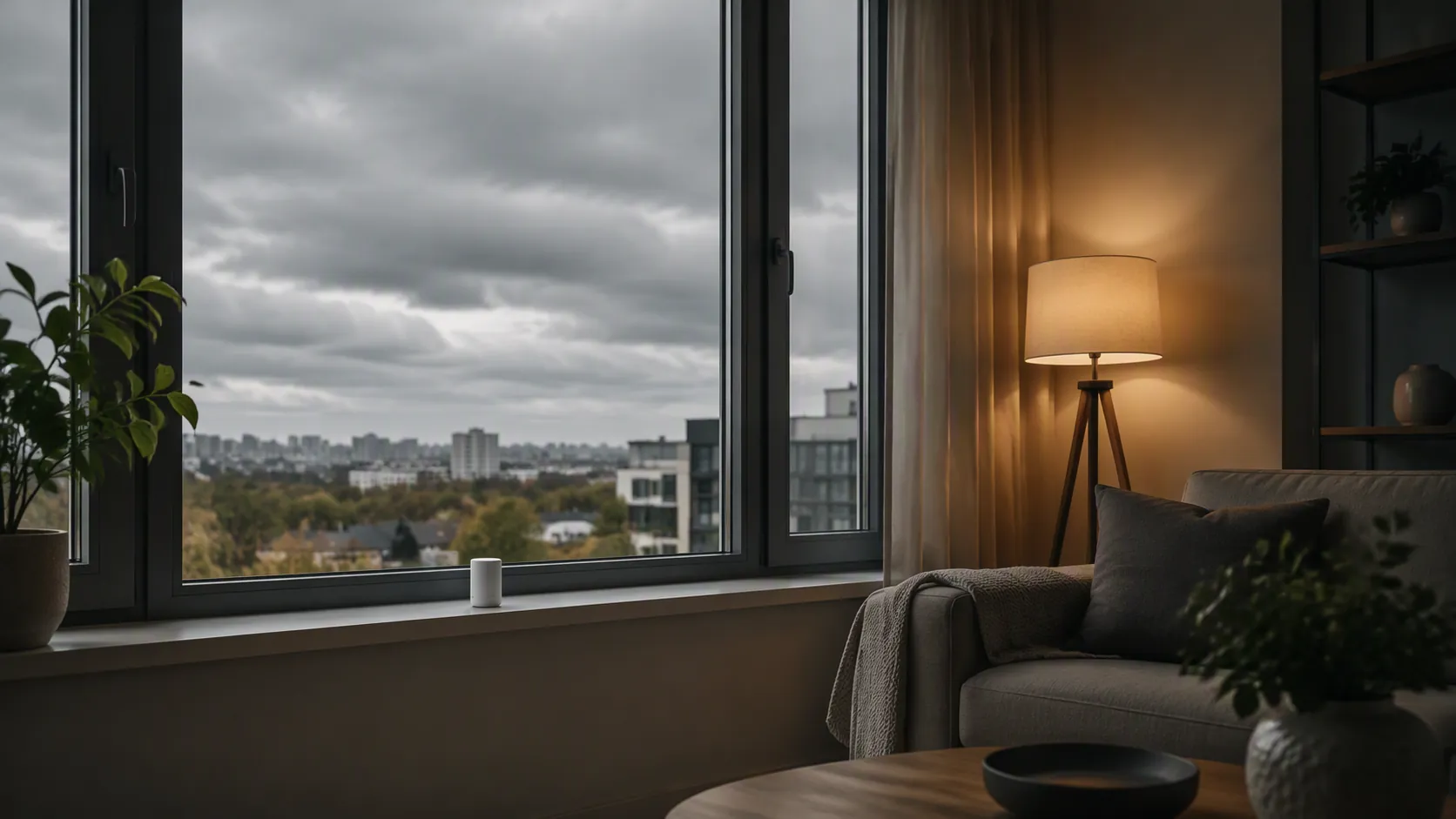 Overcast living room with a small light sensor on the windowsill and a warm floor lamp glowing