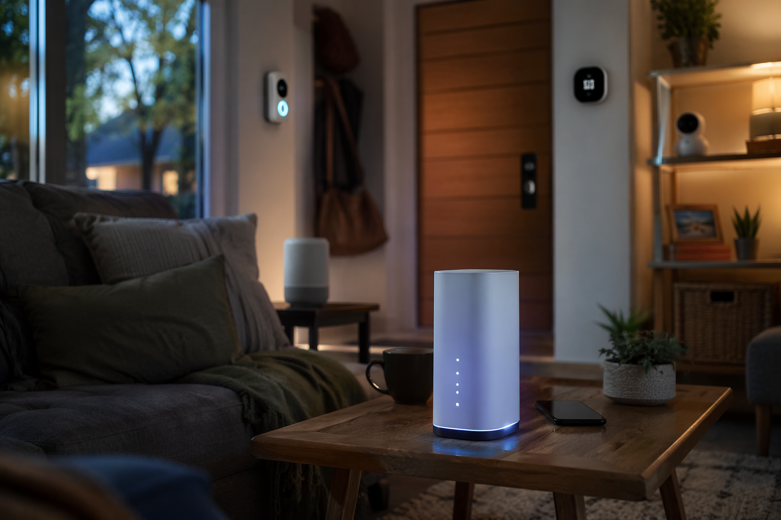 Modern living room with smart home devices and a 5G home internet gateway on a coffee table