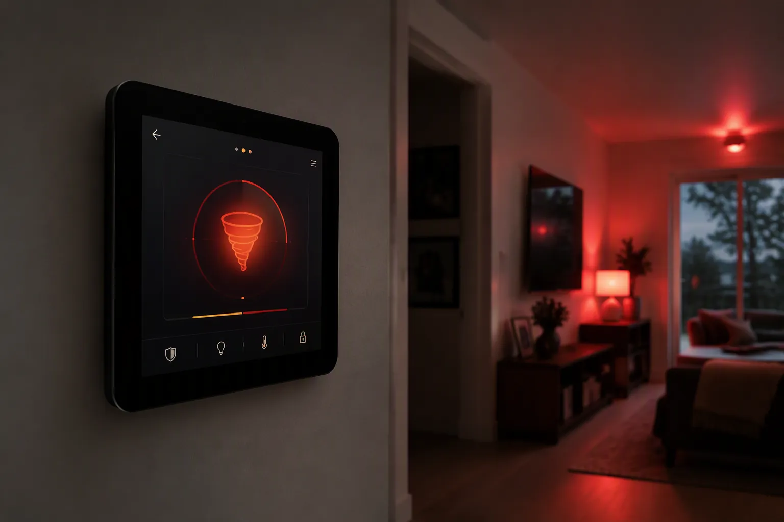 Smart home control panel showing a tornado warning while nearby lights glow red