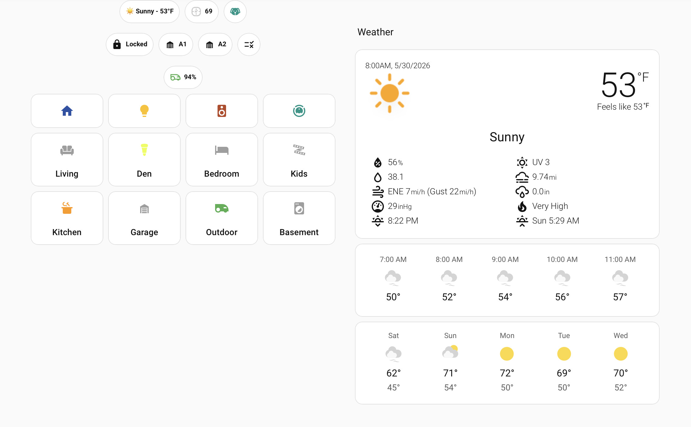 Home Assistant dashboard showing an NWS Alerts Card with active weather alerts including a Heat Advisory