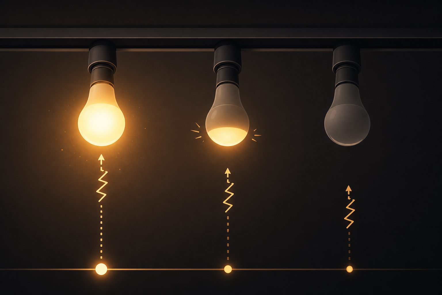 Three ceiling light bulbs on a track: left bulb fully lit, middle bulb dim and half-lit, right bulb completely dark. Zigzag signal lines show commands arriving at different times.