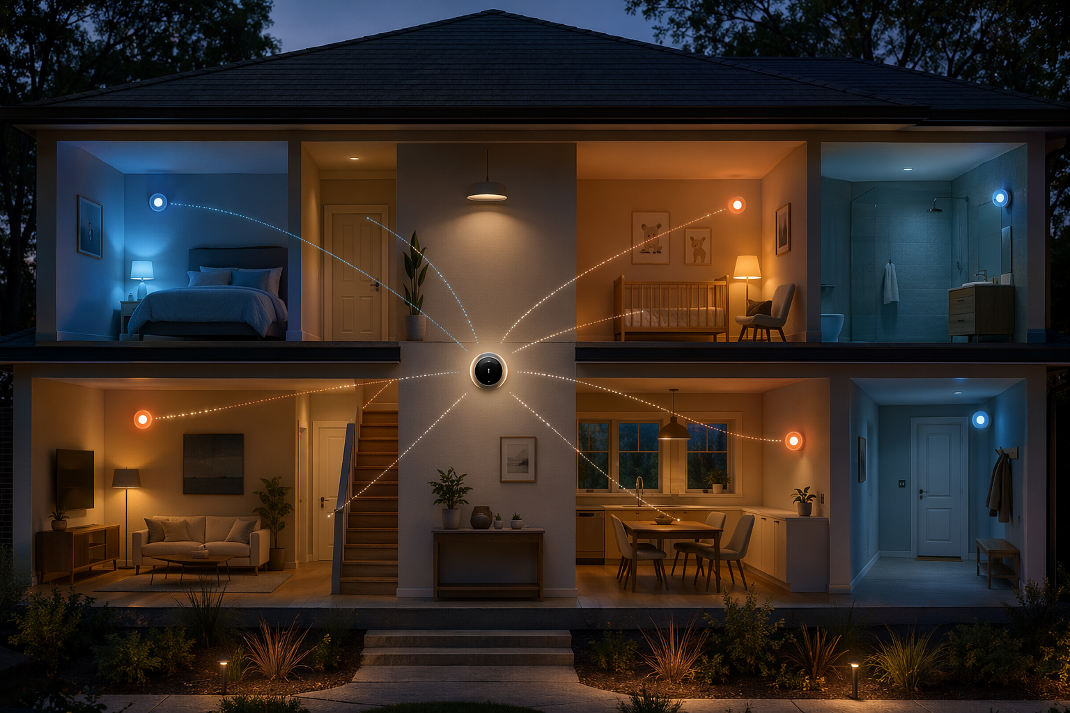 Cutaway view of a two-story house with smart thermostat sensors sending signals from rooms with different temperatures