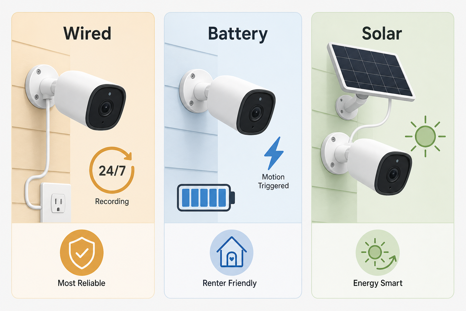 Three smart security camera power types side by side: wired camera with continuous recording, battery-powered camera with motion trigger, and solar-powered camera with sun icon.