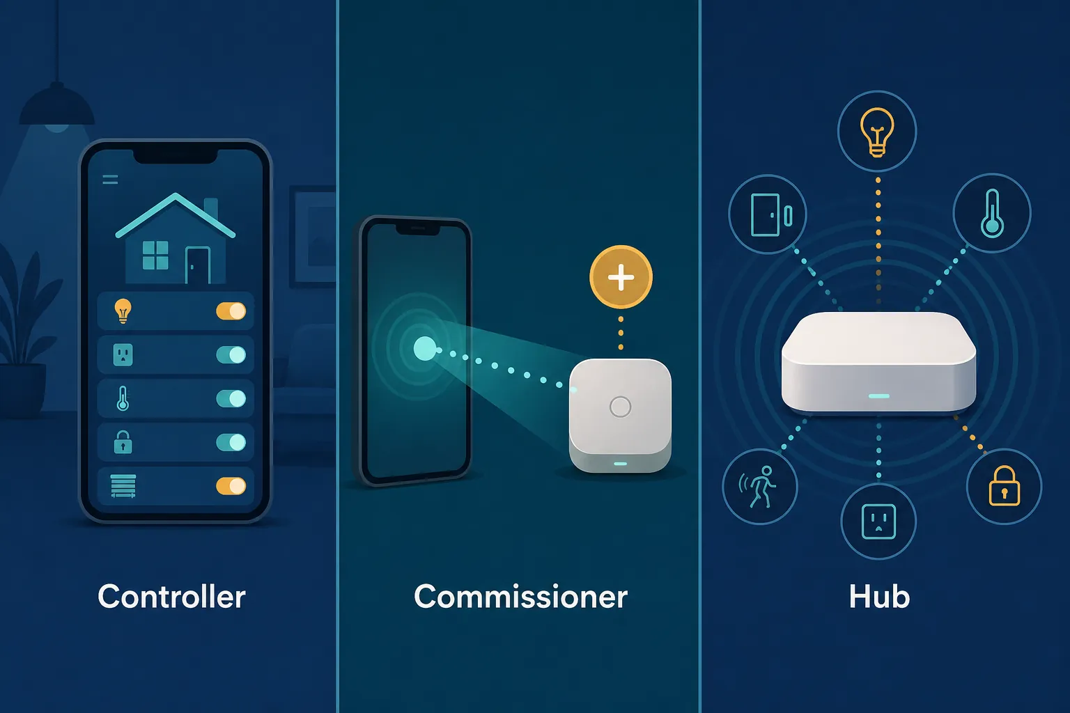 Three-panel illustration showing SmartThings controller, commissioner, and hub roles