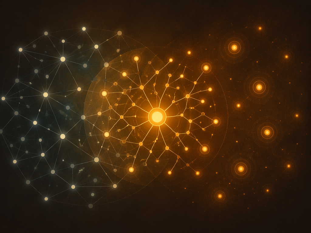 Abstract comparison of smart home protocol networks including a hub, mesh lines, and small connected sensor points
