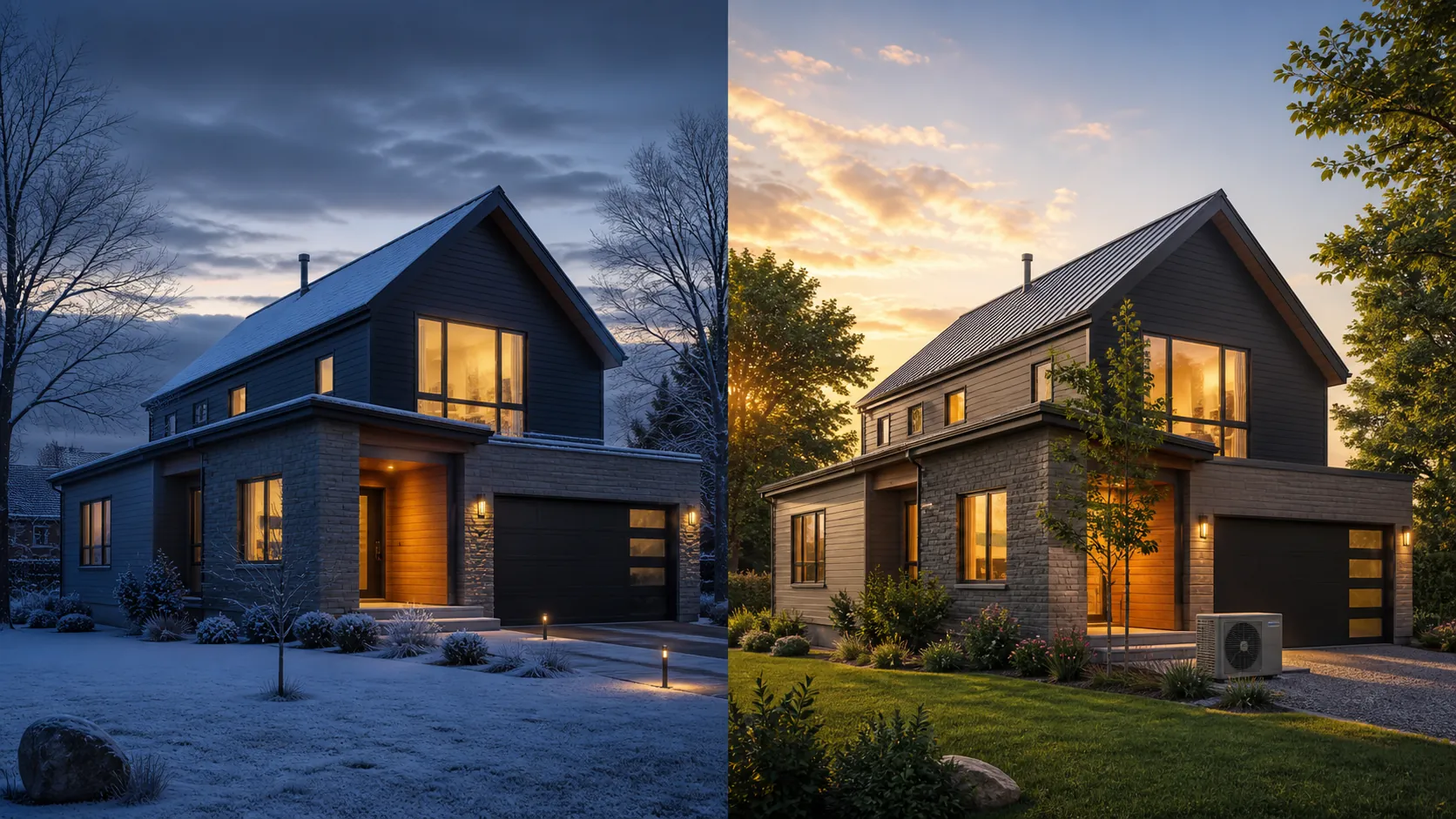 A split-screen house showing dark winter morning heating load and warm summer evening cooling load