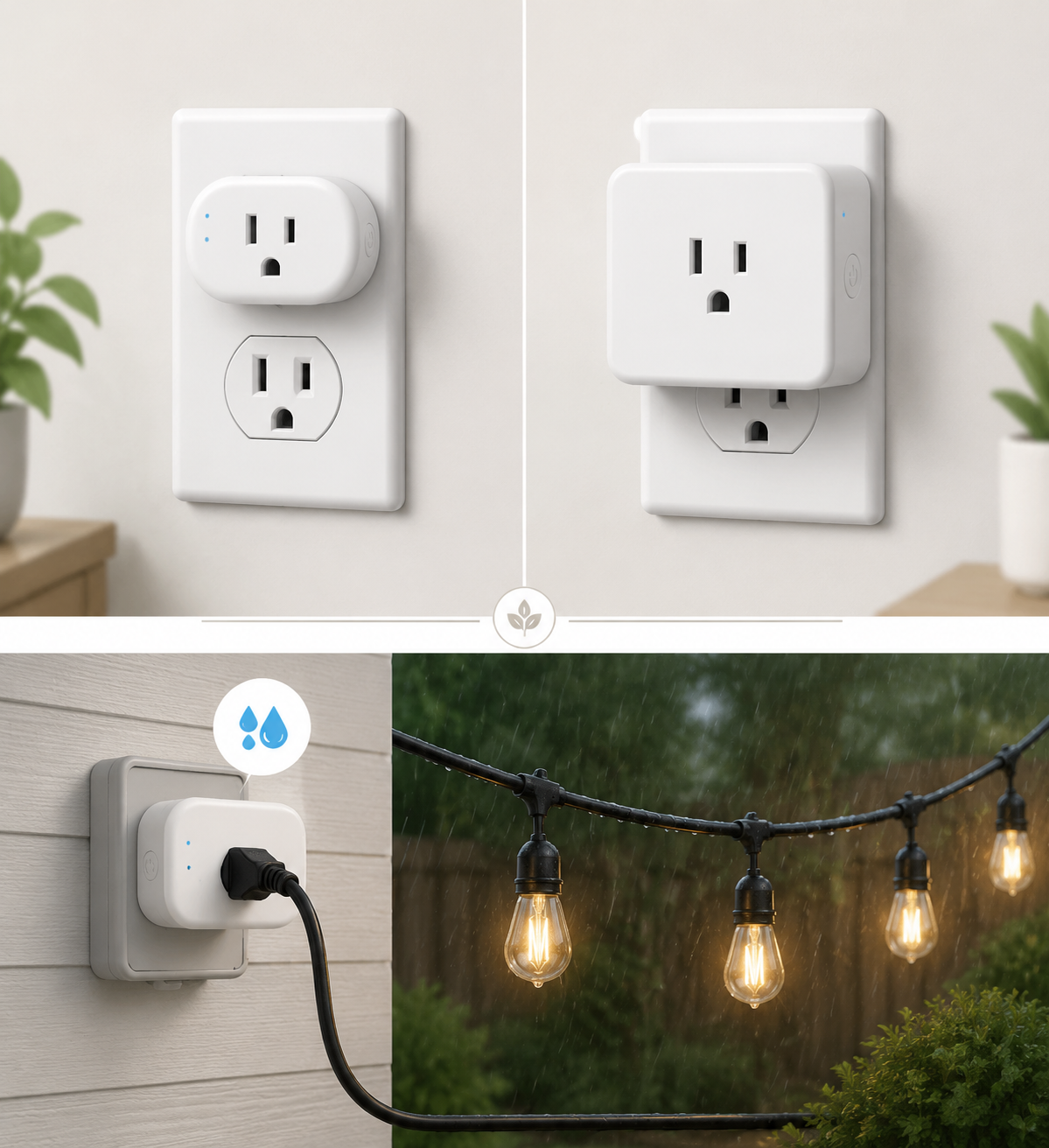 Compact smart plug leaving a second outlet usable beside a larger plug and outdoor string lights