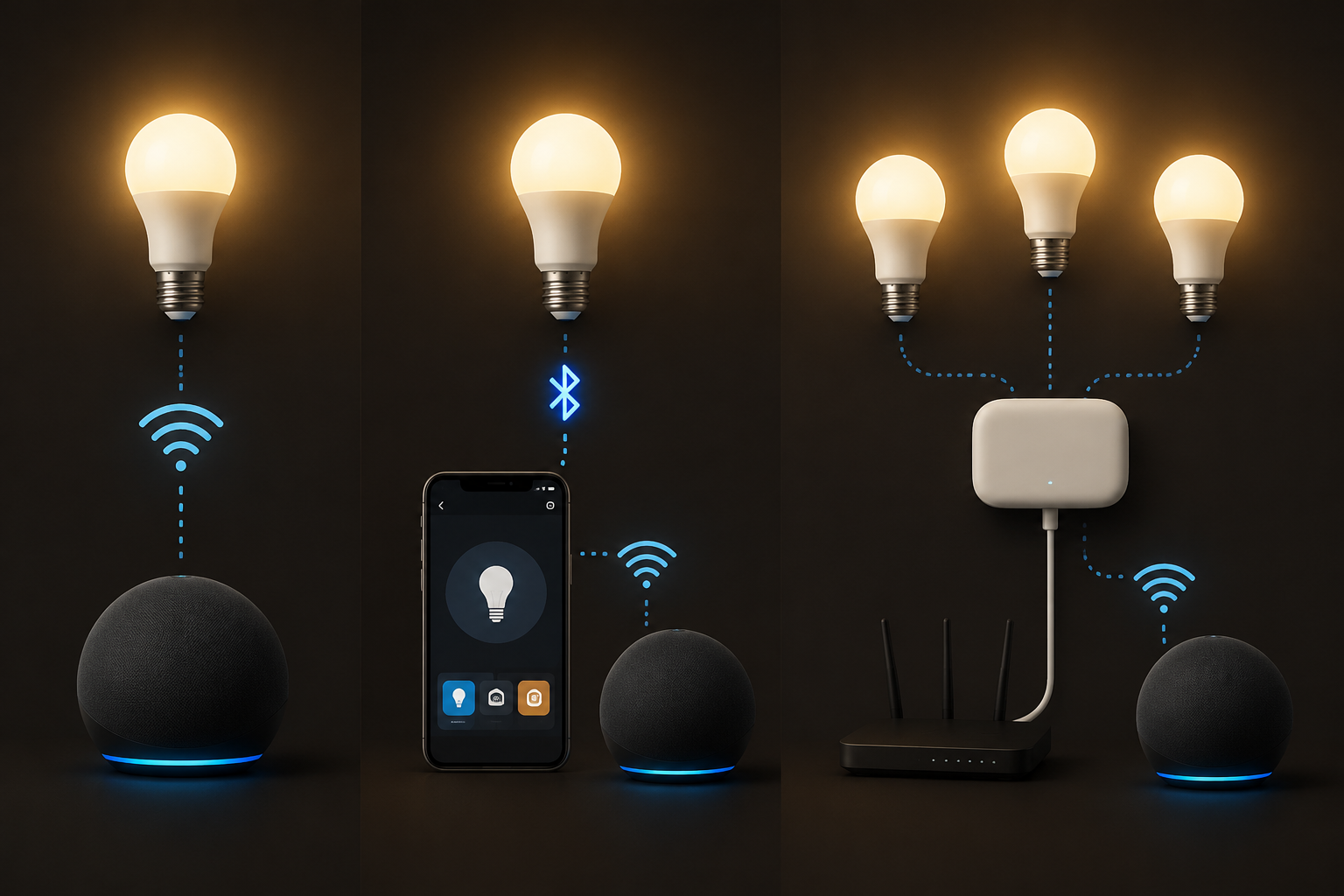 Three-panel comparison of smart light setup by direct Wi-Fi, Bluetooth through a smartphone, and a hub connected to a router