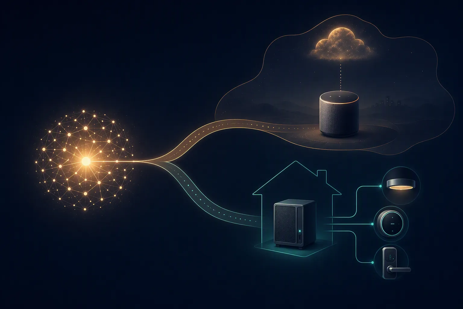 Split-path illustration showing a Qwen-like AI core leading either to a smart speaker ecosystem or to a local home server controlling devices