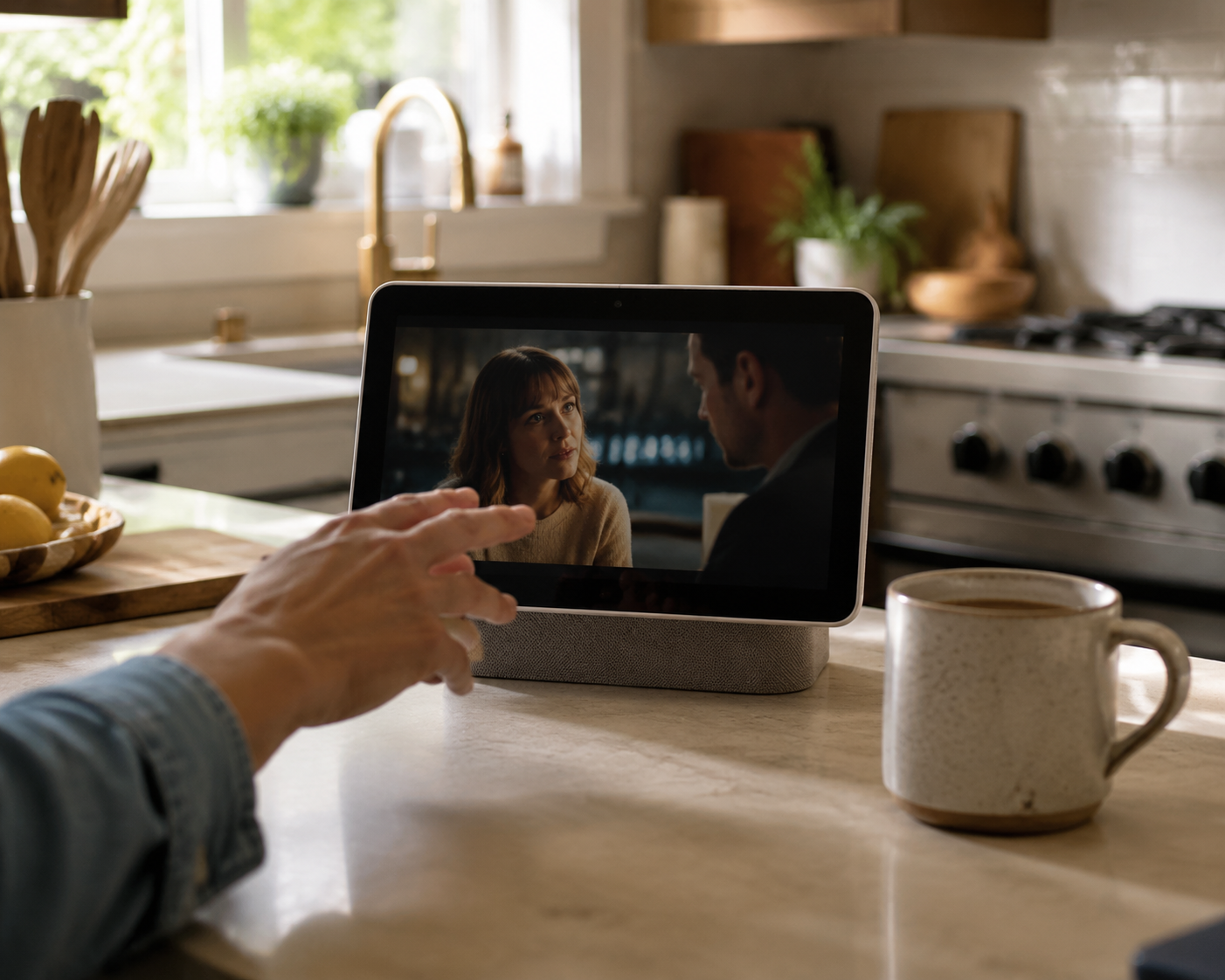 A warm kitchen counter scene with a smart display playing a dialog-driven title
