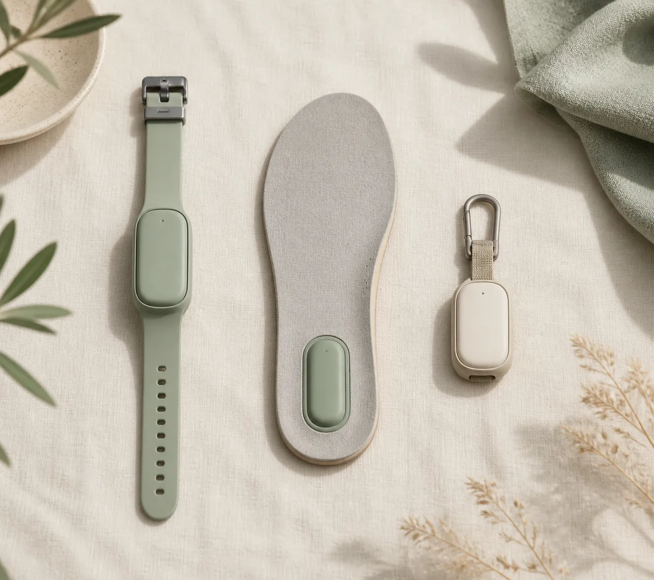 Three tracker form factors on linen: wristwatch tracker with locking clasp, shoe insole insert, and clip-on pendant