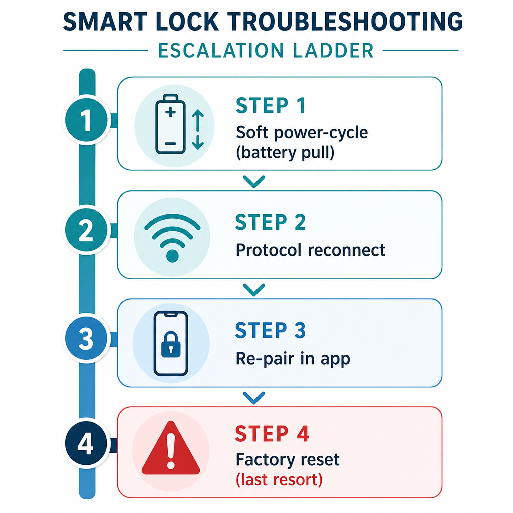 A vertical escalation ladder diagram showing four sequential troubleshooting steps: soft power-cycle, protocol reconnect, re-pair in app, and factory reset as a last resort.