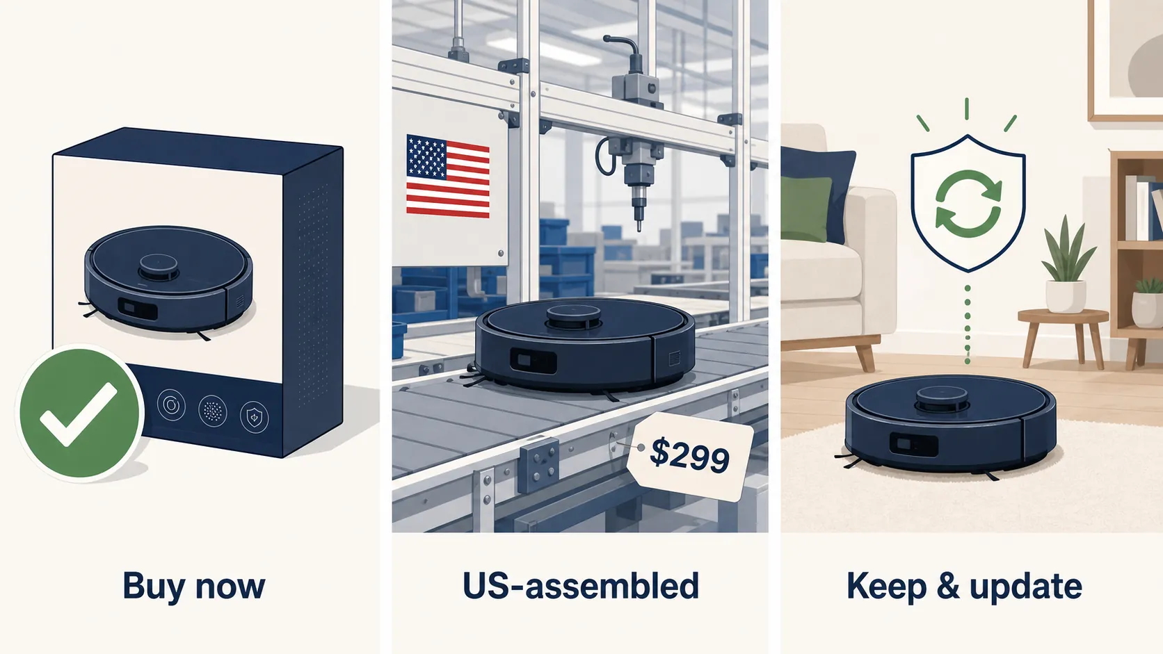 Three panels showing practical robot vacuum alternatives: buy now, US-assembled, and keep and update