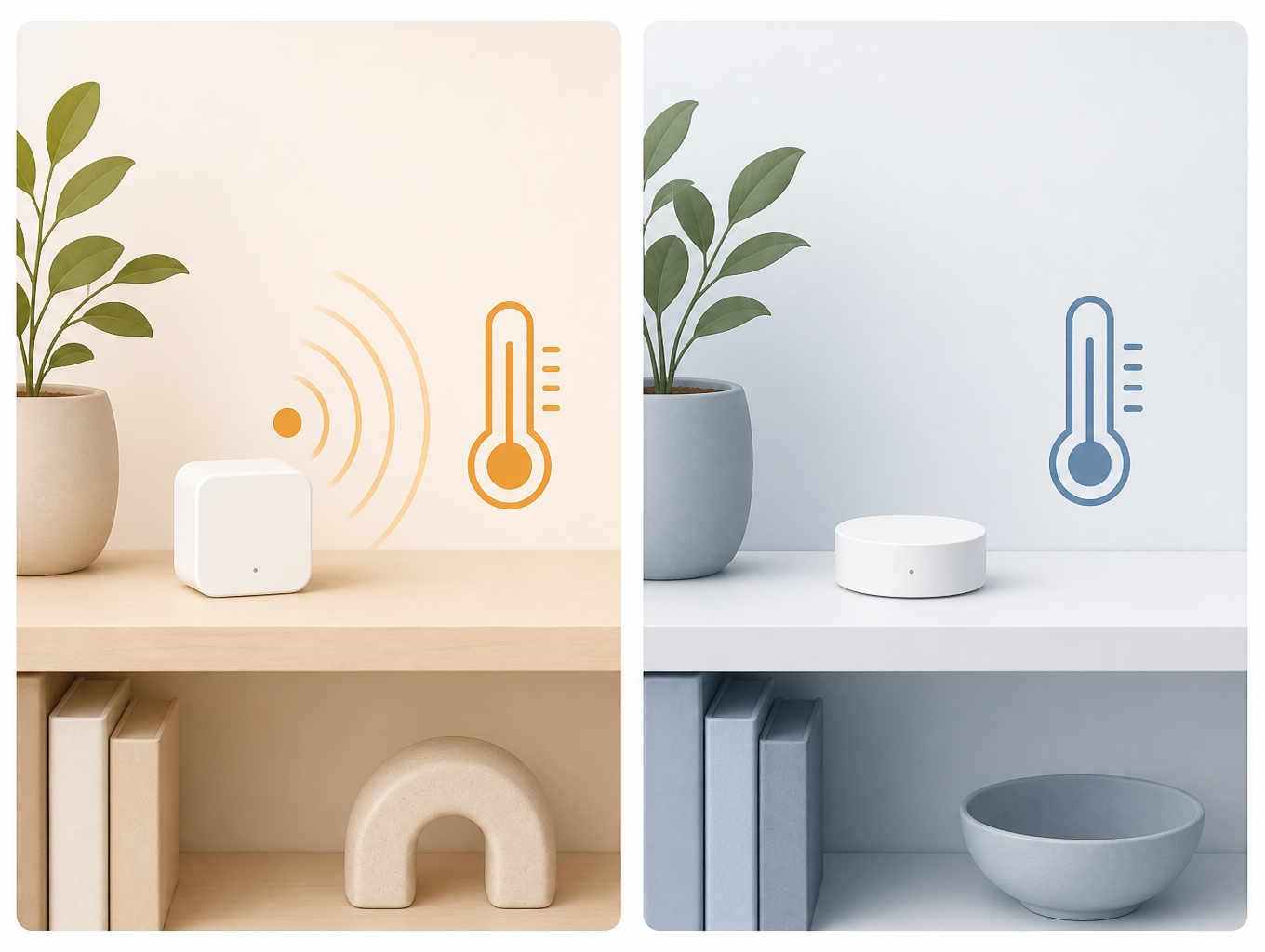 Two sensor pucks side by side: left shows radar occupancy and temperature icons, right shows temperature-only icon.