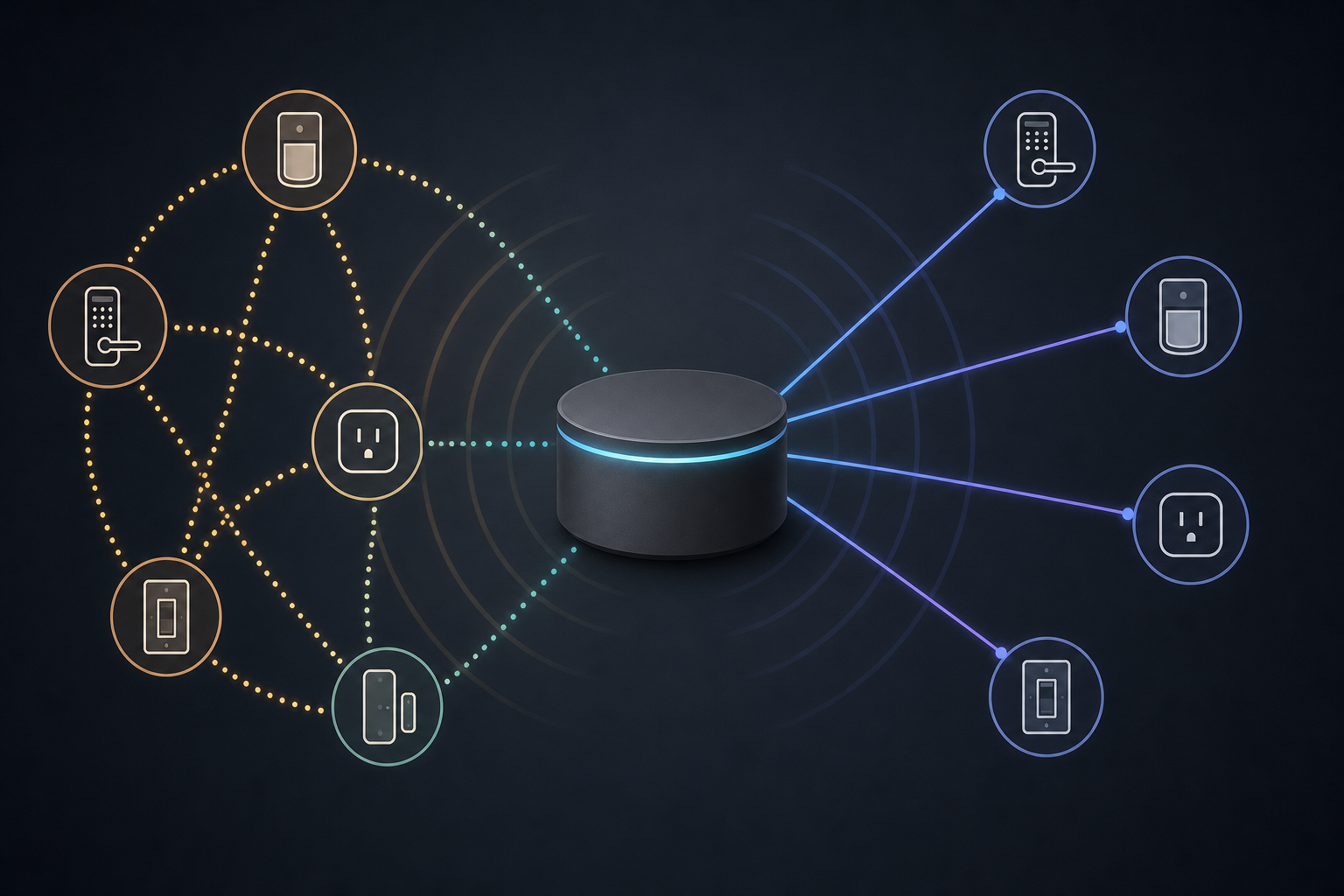 Technical diagram showing a central smart home hub with two connection patterns: a mesh topology on the left with devices connected to each other via curved dotted lines, and a star topology on the right with devices connected directly to the hub via straight lines.