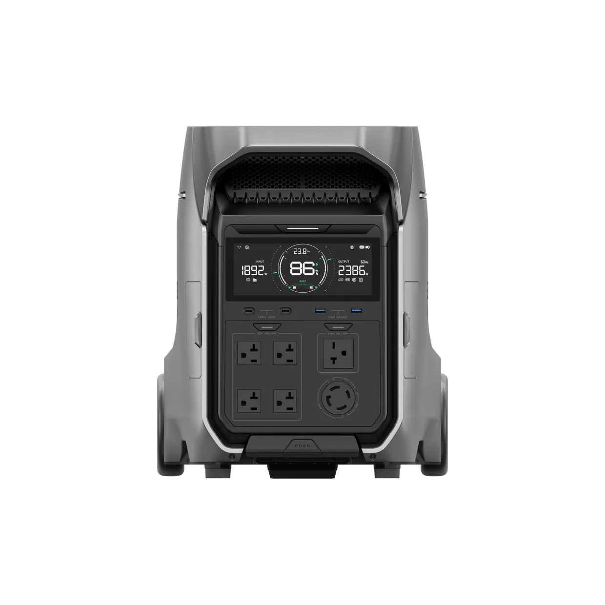 EcoFlow DELTA Pro 3 portable power station with outlets, USB ports, display, and fold-down handle