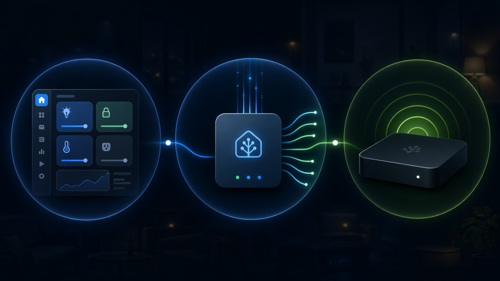 Three connected nodes representing a Matter controller integration, a Matter bridge add-on, and physical smart home hardware