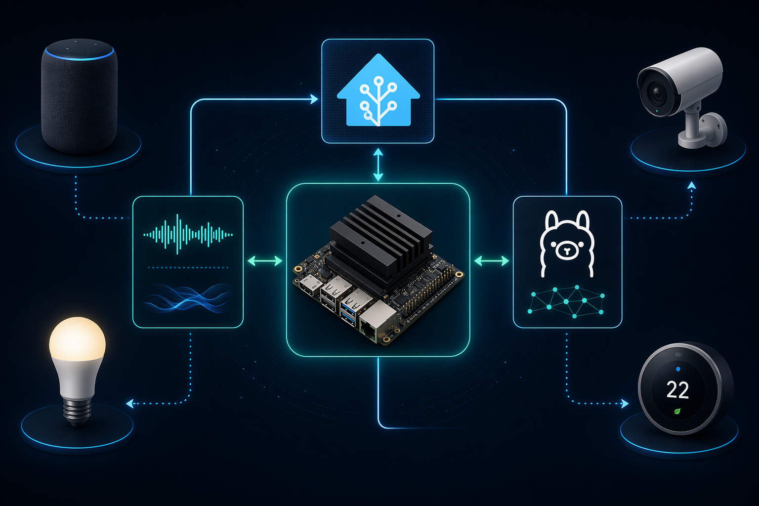 Architecture diagram showing Jetson Orin Nano as an inference co-processor connected to Home Assistant, Wyoming STT and TTS, and Ollama