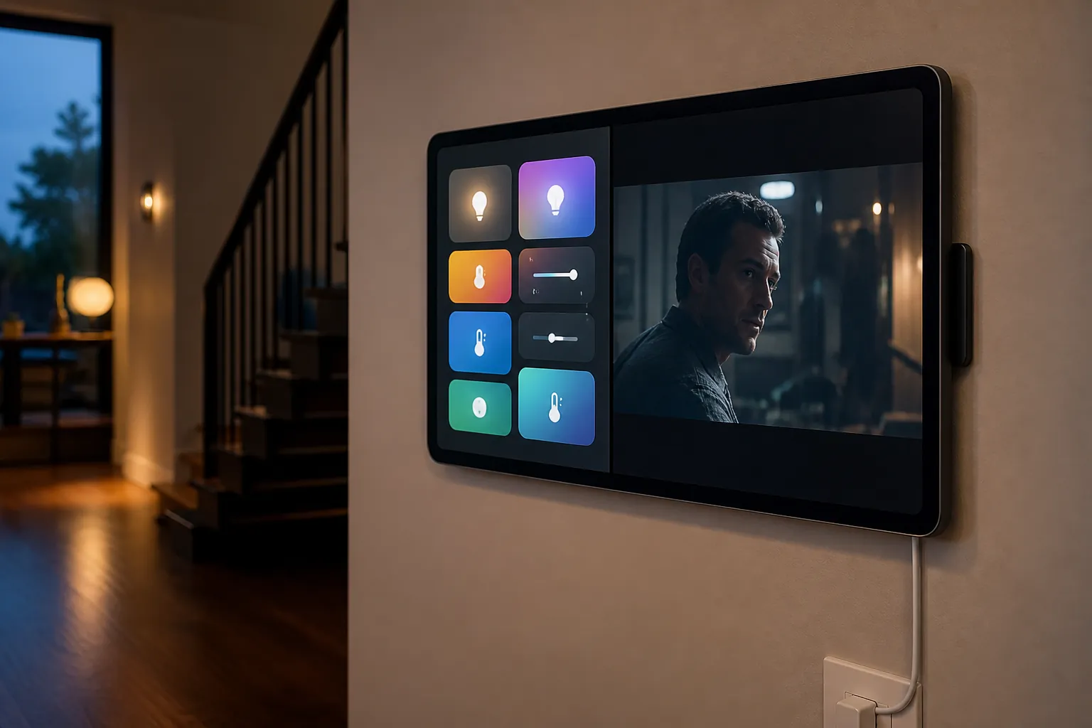 Large wall-mounted tablet showing a smart-home dashboard and video playback in a modern hallway