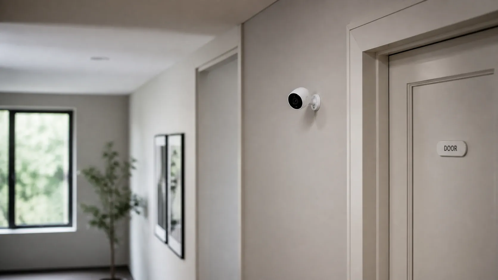 Smart security camera mounted in a hallway near a closed bathroom door