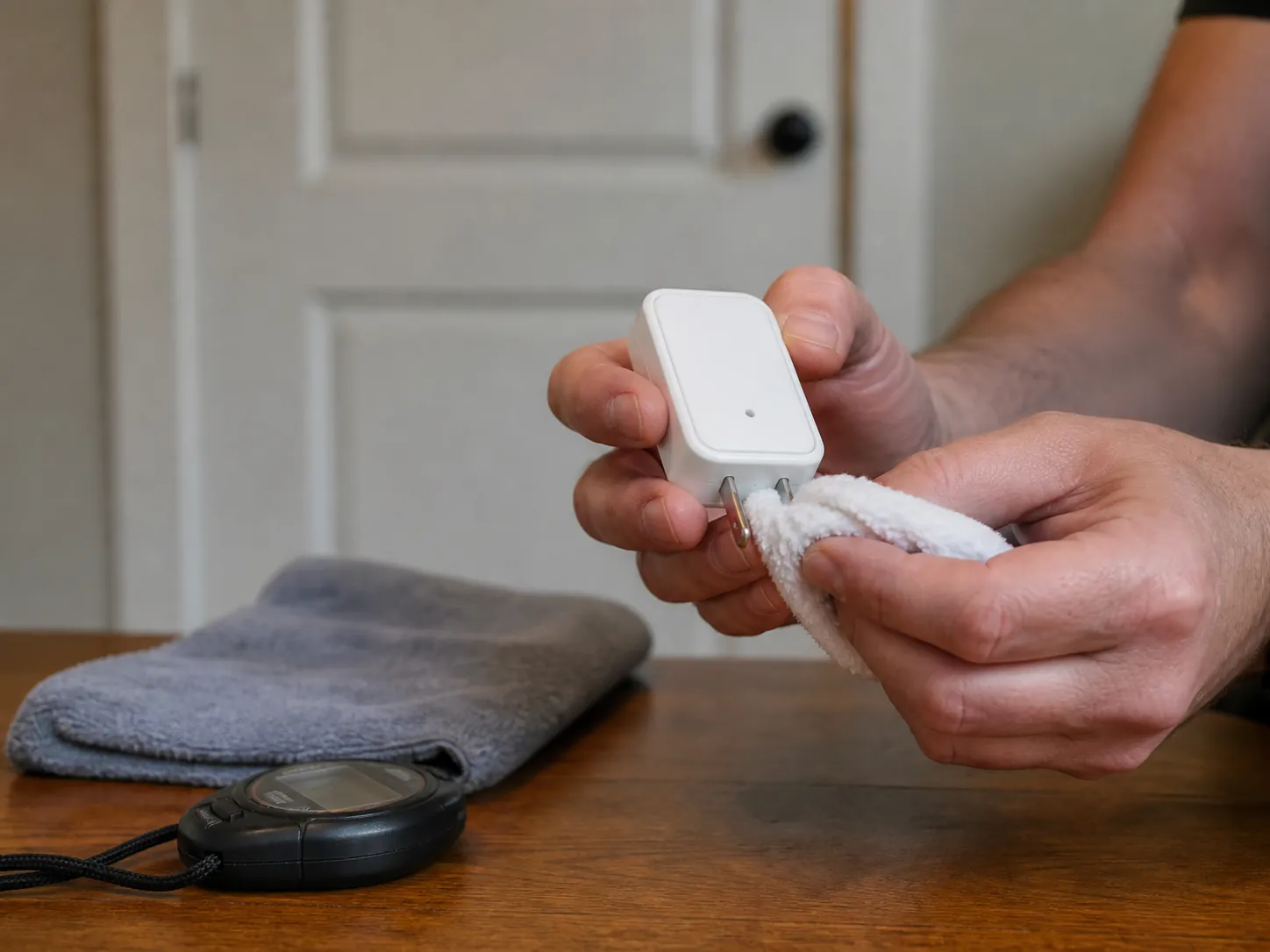 Hands testing a water leak sensor with a damp cloth, stopwatch, towel, and closed door nearby