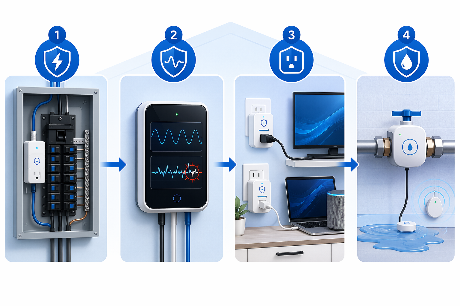 Infographic showing four thunderstorm protection layers from surge protection at the panel to electrical monitoring, outlet protectors, and smart water valve