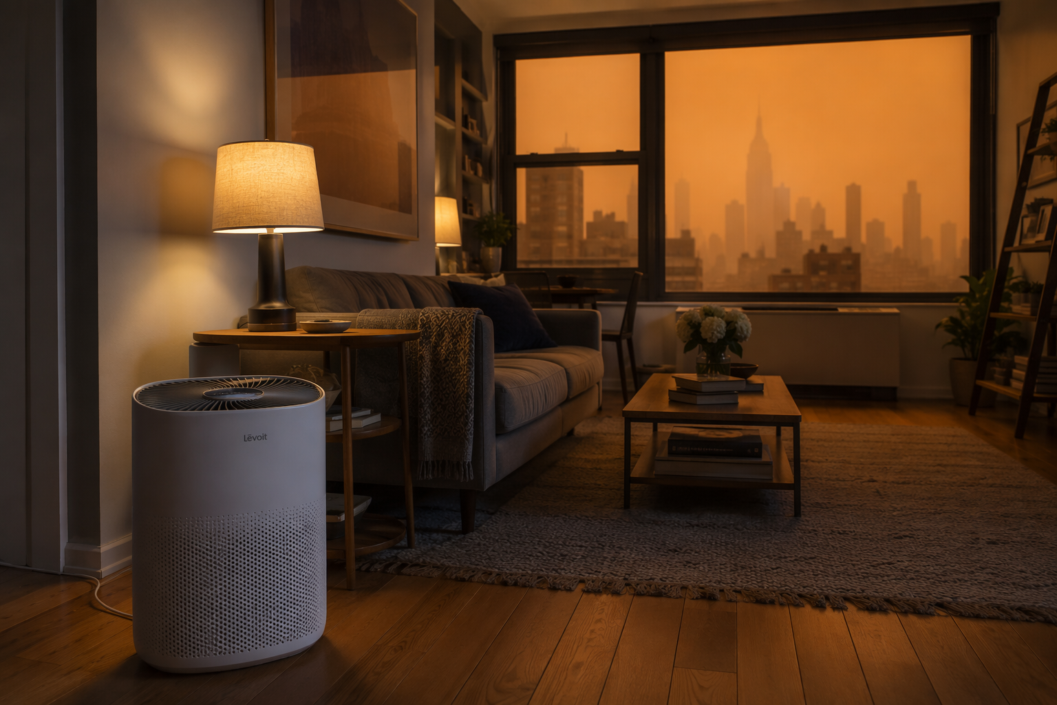 NYC apartment with an air purifier near a window during orange wildfire smoke haze