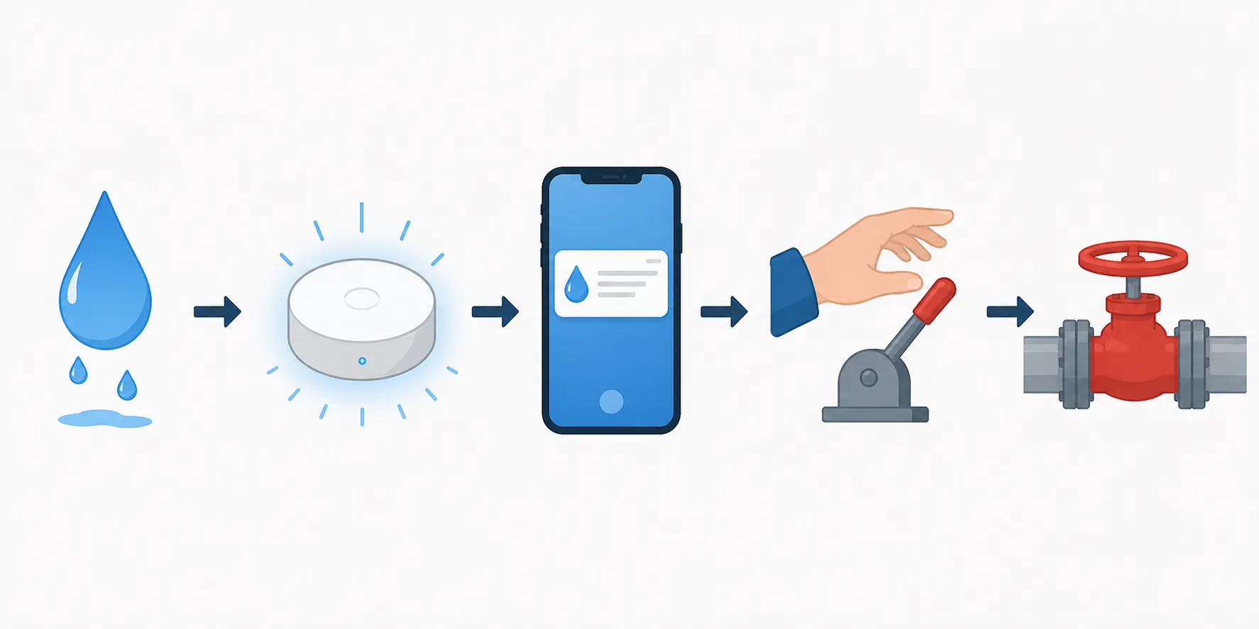Water leak alert response chain from drip to sensor to phone notification to hand-operated shutoff valve