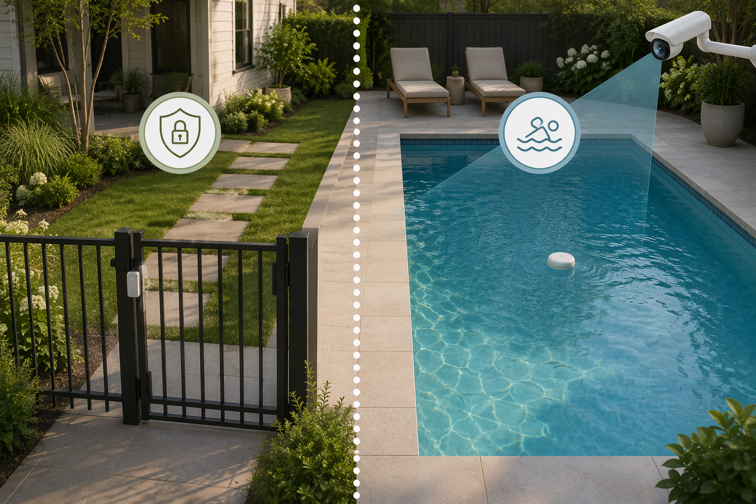 Backyard pool illustration divided between access prevention at the gate and detection after entry in the water