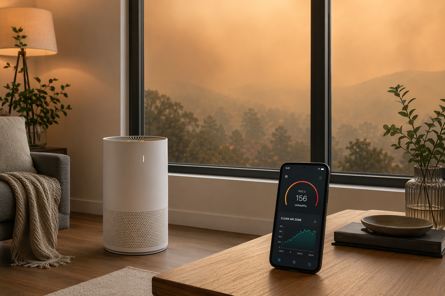 Smart air purifier in a living room during smoky wildfire conditions with a phone showing PM2.5 readings