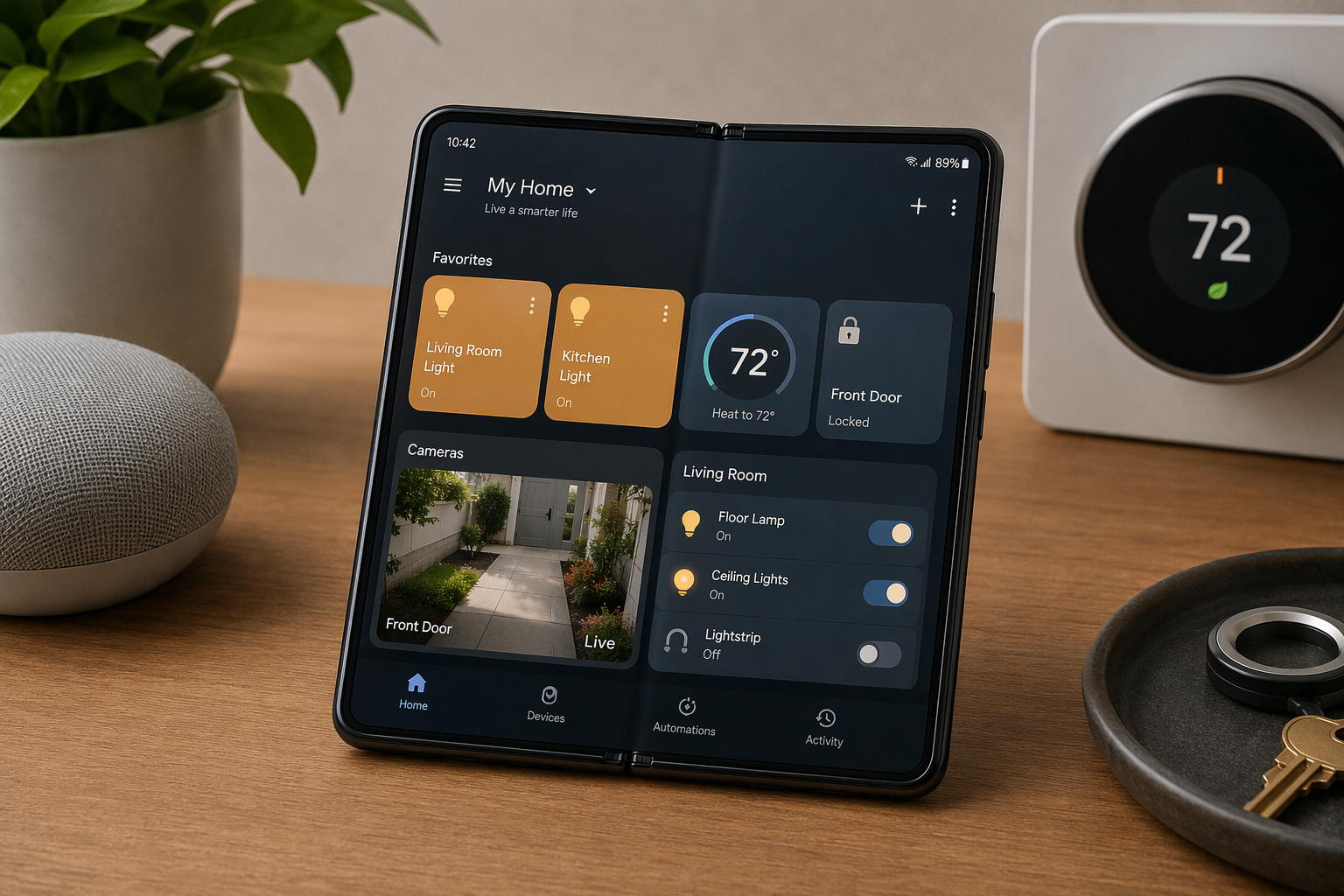 Foldable smartphone opened wide with a smart home dashboard showing lights, thermostat, and camera feed
