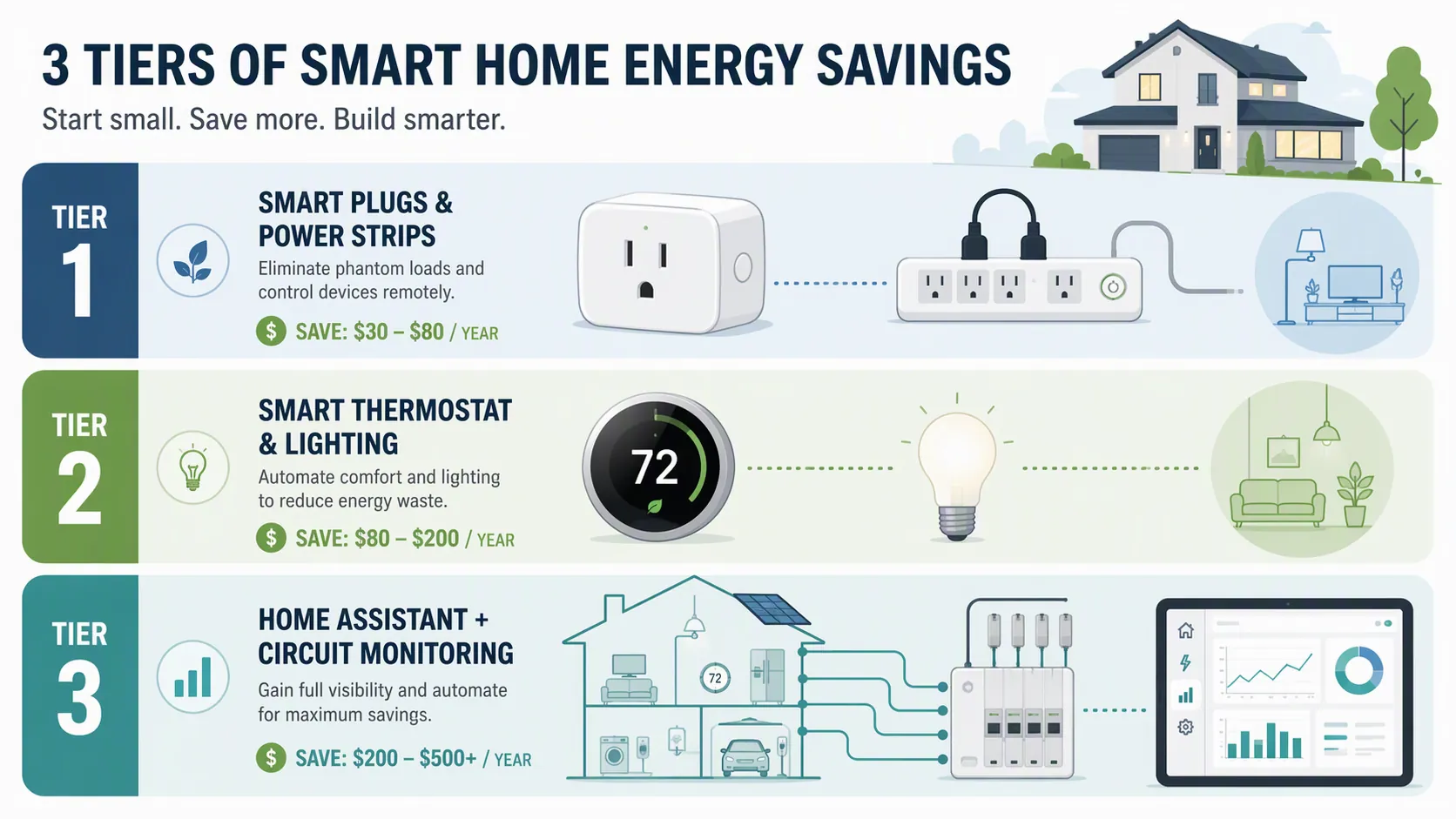 Three-tier smart home energy savings infographic