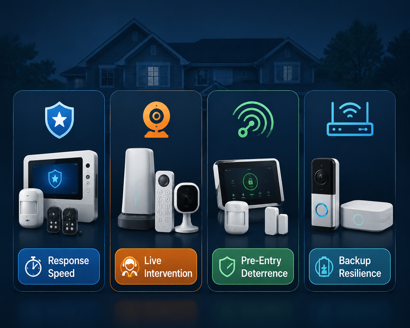 Comparison layout showing ADT for response speed, SimpliSafe for live intervention, Vivint for pre-entry deterrence, and Ring for backup resilience