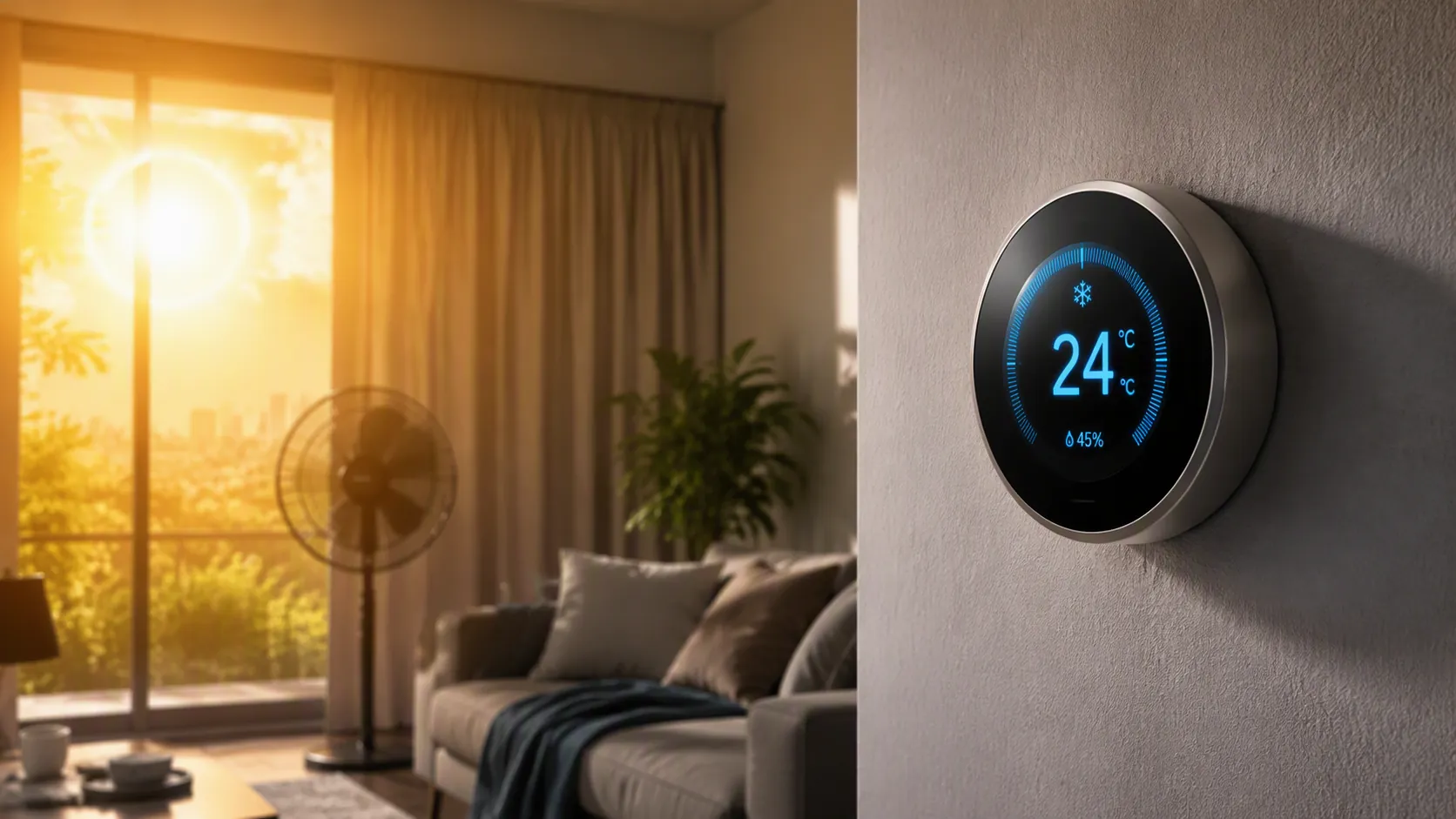 Smart thermostat in a sunlit room during extreme heat
