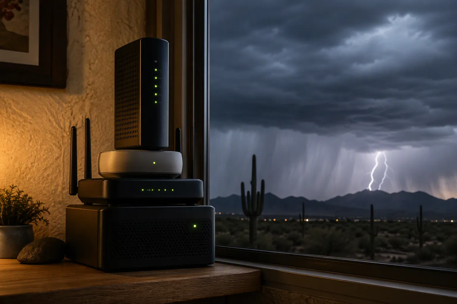 Smart-home modem, router, hub, and UPS on a shelf beside a window during a Tucson monsoon storm