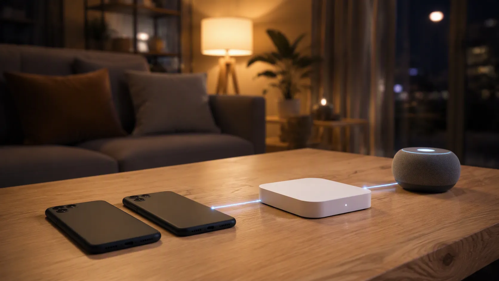Two budget smartphones on a living-room table beside a small network hub, showing the phones controlling a smart home through the hub