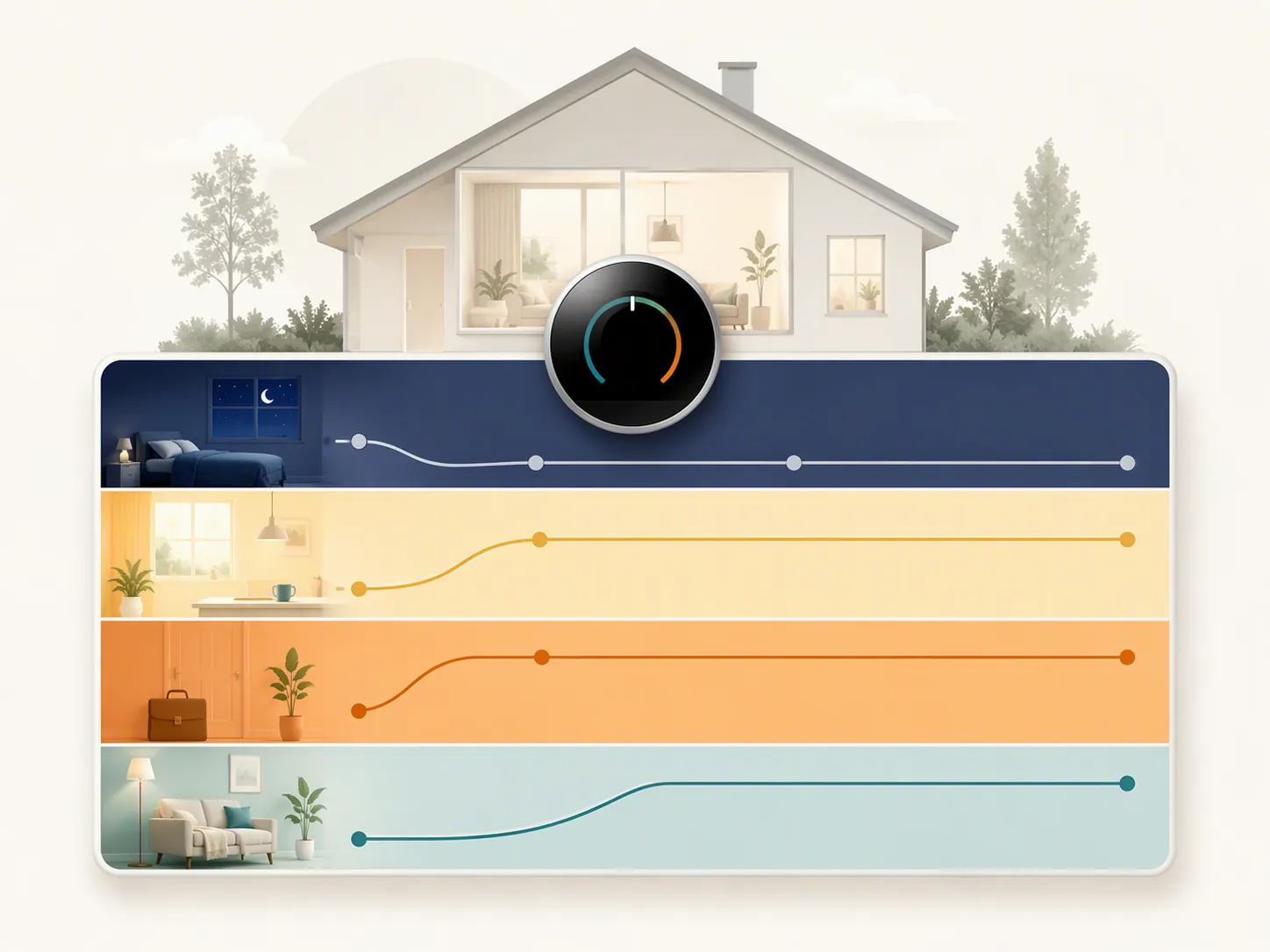 Four-block smart thermostat schedule grid for sleep, morning, away peak hold, and evening recovery