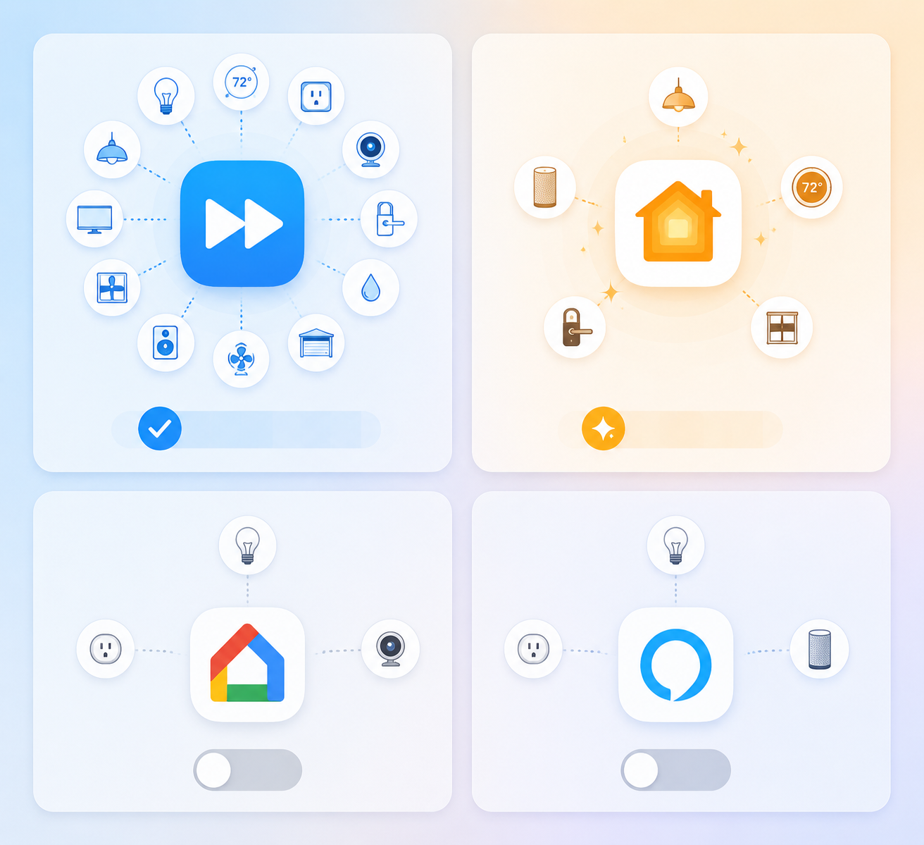 Comparison cards for SmartThings, Apple Home, Google Home, and Amazon Alexa Matter support