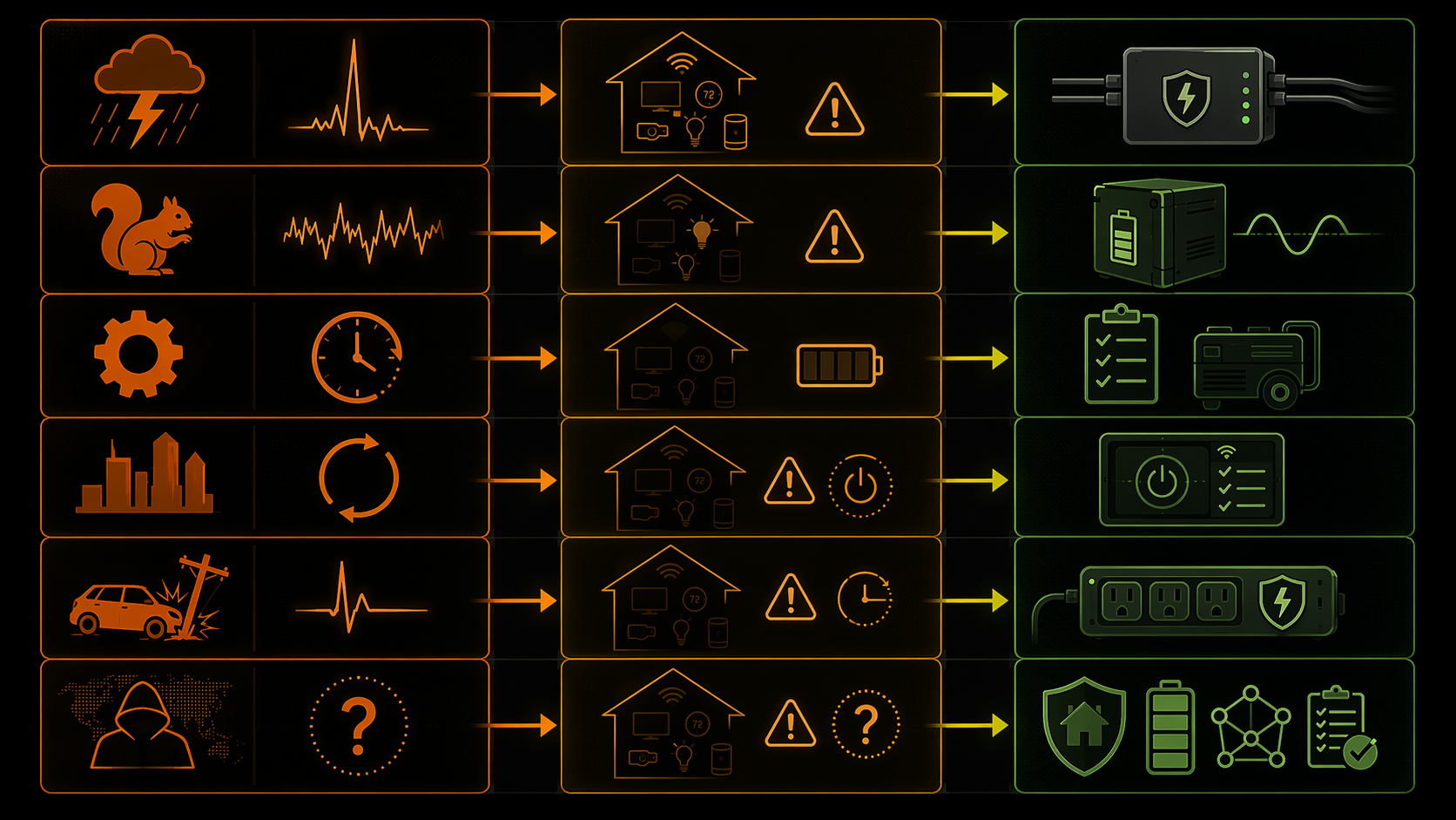Matrix connecting six power outage causes to smart home risks and matching precautions