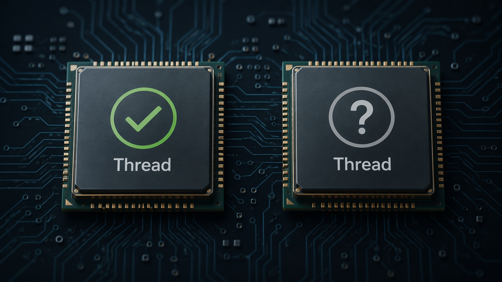 Two connectivity chip modules shown side by side, one marked with a checkmark and Thread icon, the other marked with a question mark and Thread icon.